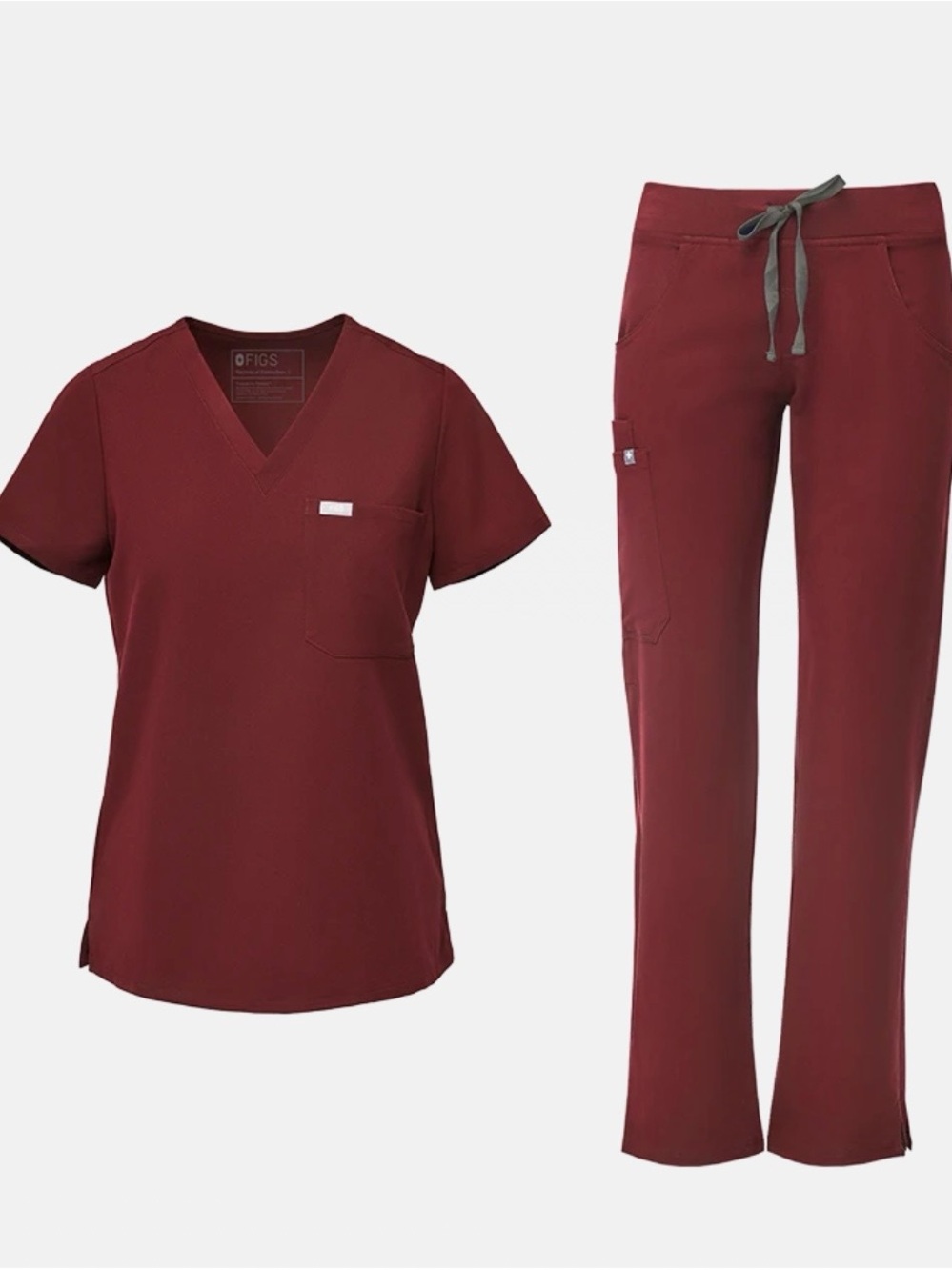 Figs Women's Maroon Boot Cut Scrub Pants with V-Neck Top Set